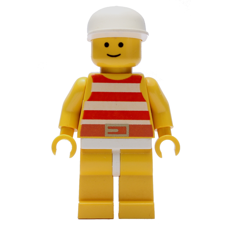 Homme, maillot de bain rayé rouge et blanc, casquette blanche (Man, Red and White Striped Swimsuit, White Cap)