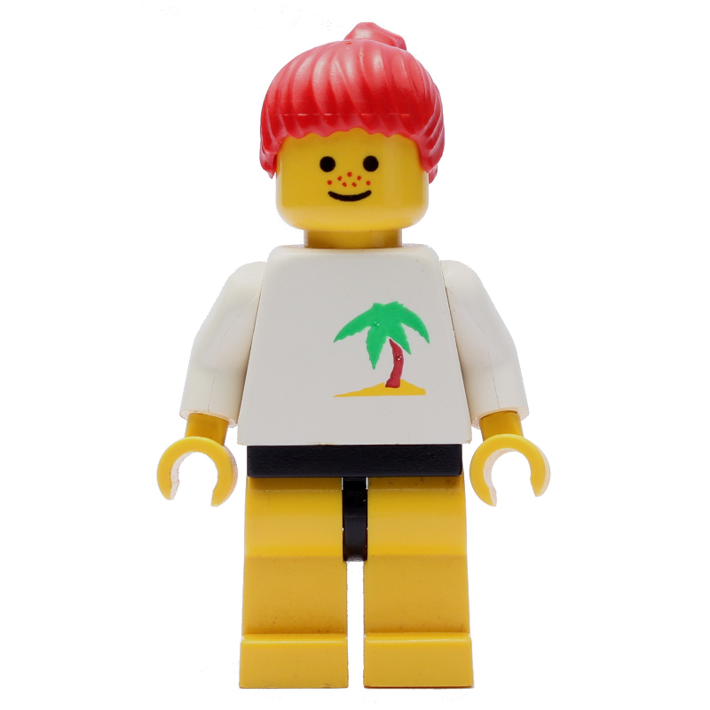 Femme, haut blanc avec île déserte, jambes jaunes, cheveux rouges (Woman, White Top with Desert Island, Yellow Legs, Red Hair)
