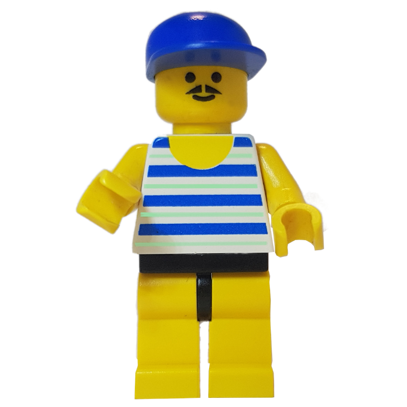 Homme bleu et blanc rayé maillot de bain, casquette bleue, moustache (Man Blue and White Striped Swimsuit, Blue Cap, Moustache)