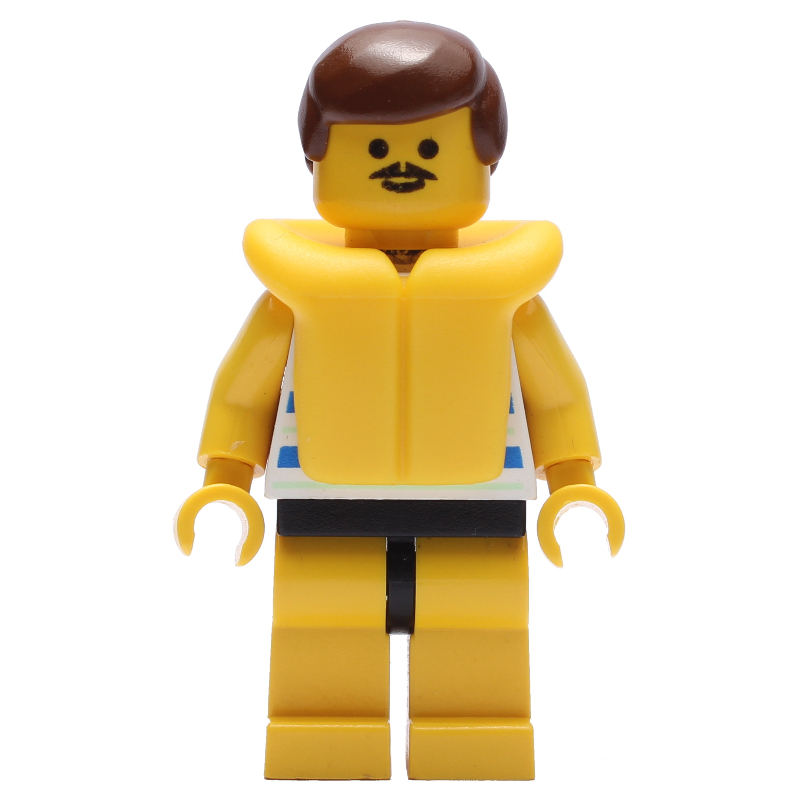 Homme, maillot de bain rayé bleu et blanc, cheveux bruns, gilet de sauvetage jaune, moustache (Man, Blue and White Striped Swimsuit, Brown Hair, Yellow Life Vest, Moustache)