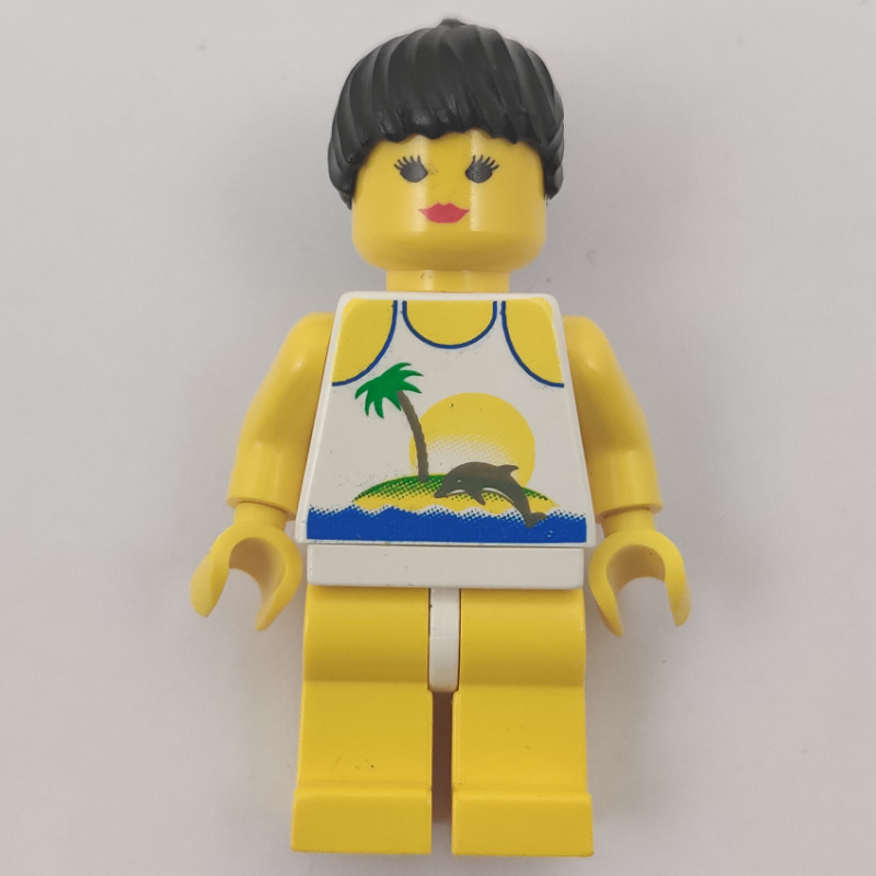 Femme, maillot de bain blanc avec île déserte et dauphin, cheveux noirs (Woman, White Swimsuit with Desert Island and Dolphin, Black Hair)