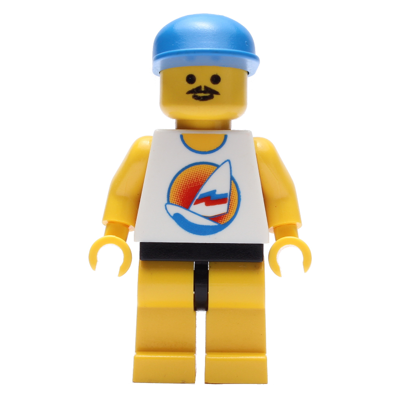 Homme, débardeur blanc avec planche à voile, jambes jaunes, casquette bleue, moustache (Man, White Tank Top with Windsurfer, Yellow Legs, Blue Cap, Moustache)
