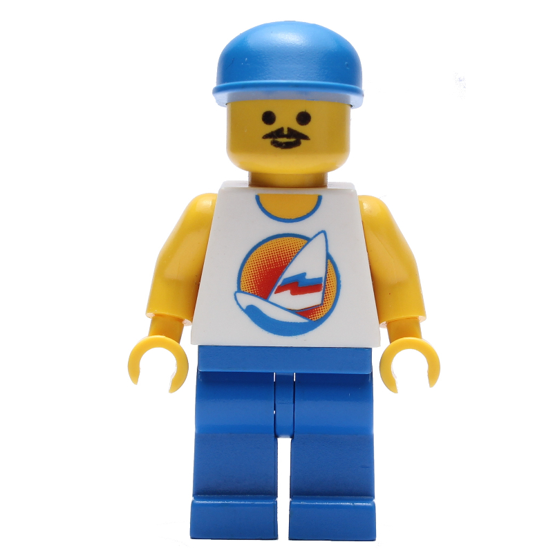 Homme, débardeur blanc avec planche à voile, jambes bleues, casquette bleue, moustache (Man, White Tank Top with Windsurfer, Blue Legs, Blue Cap, Moustache)