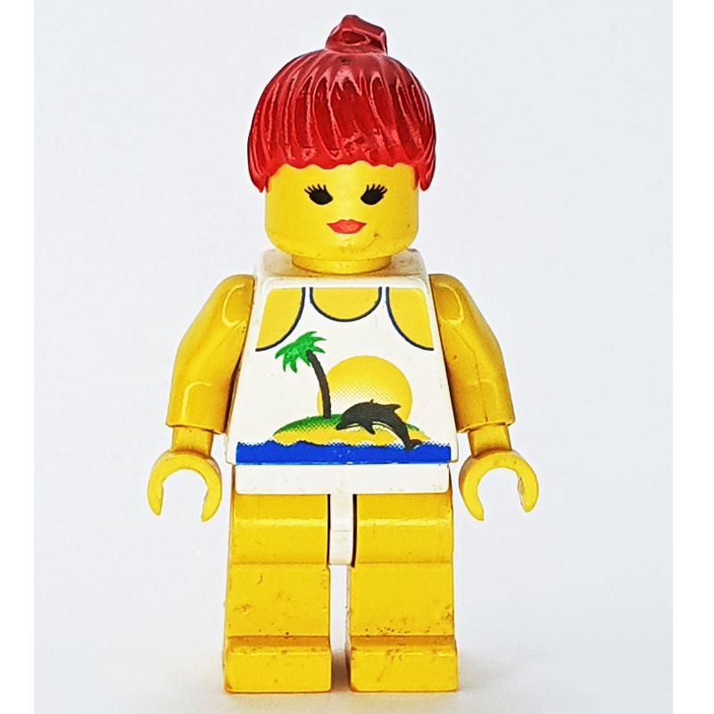 Femme, maillot de bain blanc avec île déserte et dauphin, cheveux rouges (Woman, White Swimsuit with Desert Island and Dolphin, Red Hair)