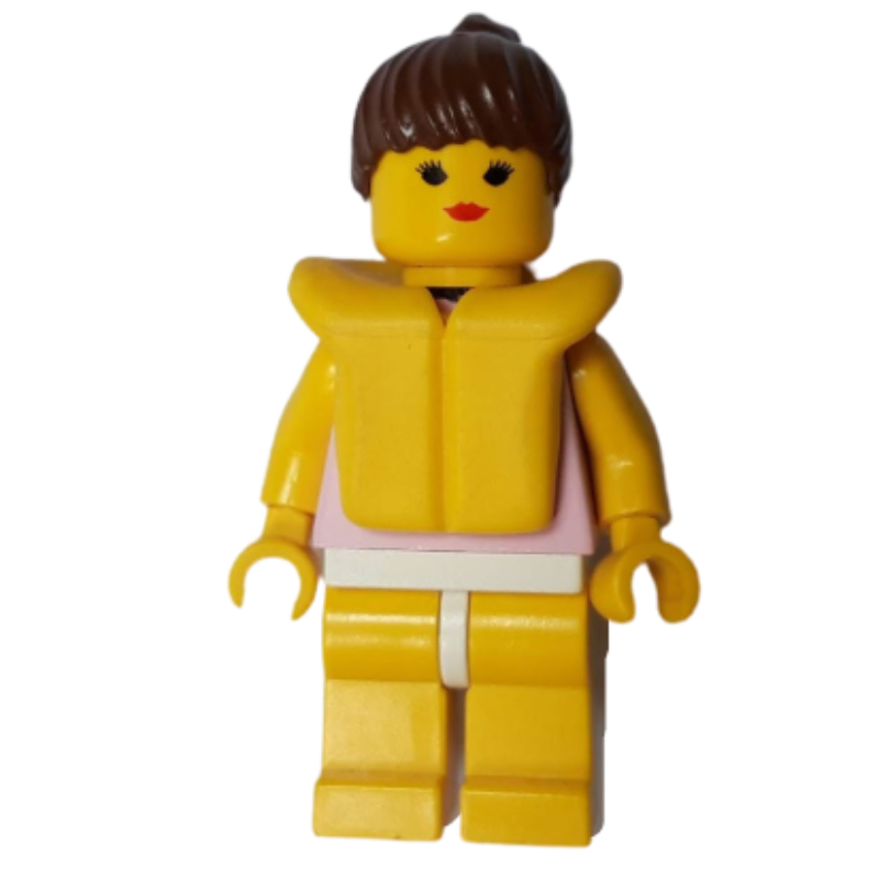 Femme, maillot de bain rose avec col en dentelle, gilet de sauvetage jaune, cheveux bruns (Woman, Pink Swimsuit with Lace Collar, Yellow Life Vest, Brown Hair)