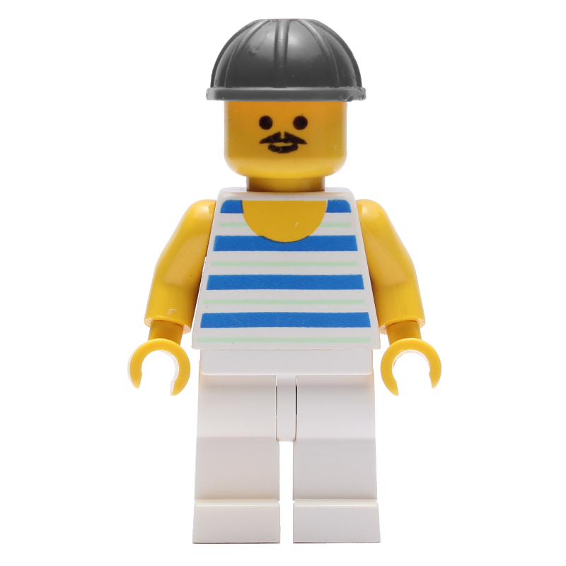 Homme, débardeur rayé bleu et blanc, casque de chantier noir, moustache (Man, Blue and White Striped Tank Top, Black Hard Hat, Moustache)