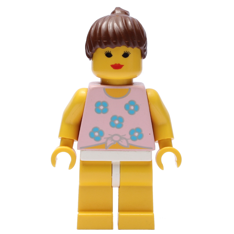 Femme, attaché débardeur rose avec des fleurs, les jambes jaunes, cheveux bruns (Woman, Tied Pink Tank Top with Flowers, Yellow Legs, Brown Hair)