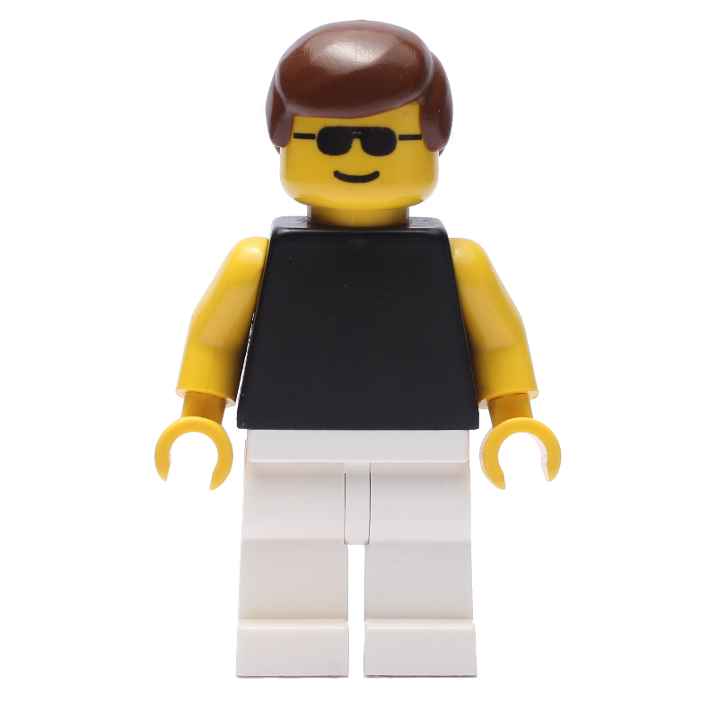 Homme, torse noir avec bras jaunes, jambes blanches, cheveux bruns, lunettes de soleil (Man, Black Torso with Yellow Arms, White Legs, Brown Hair, Sunglasses)