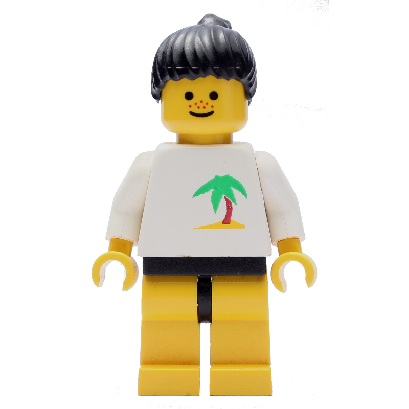 Femme, haut blanc avec île déserte, jambes jaunes, cheveux noirs (Woman, White Top with Desert Island, Yellow Legs, Black Hair)