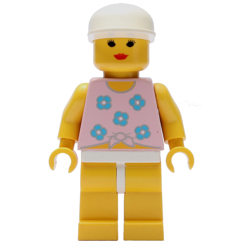 Femme, attaché débardeur rose avec des fleurs, jambes jaunes, casquette blanche (Woman, Tied Pink Tank Top with Flowers, Yellow Legs, White Cap)