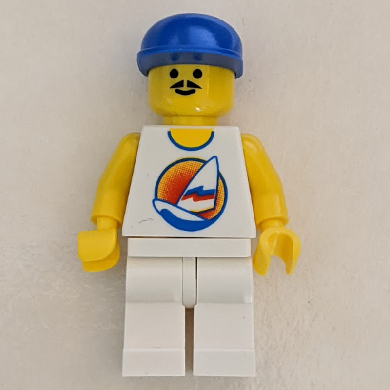 Homme, débardeur blanc avec planche à voile, jambes blanches, casquette bleue, moustache (Man, White Tank Top with Windsurfer, White Legs, Blue Cap, Moustache)
