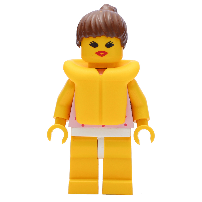 Femme, haut rose avec des taches, jambes jaunes, cheveux bruns, gilet de sauvetage jaune (Woman, Pink Top with Spots, Yellow Legs, Brown Hair, Yellow Life Vest)
