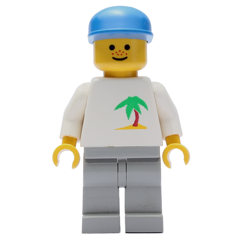 Homme, haut blanc avec île déserte, jambes gris clair, casquette bleue (Man, White Top with Desert Island, Light Gray Legs, Blue Cap)