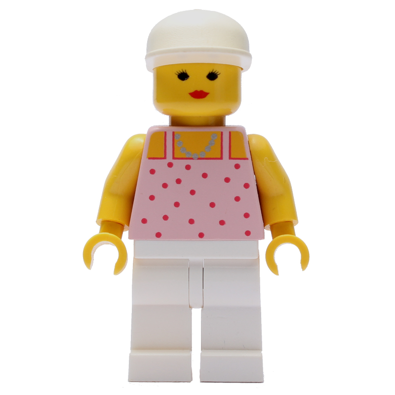 Femme, haut rose avec des taches, jambes blanches, casquette blanche (Woman, Pink Top with Spots, White Legs, White Cap)