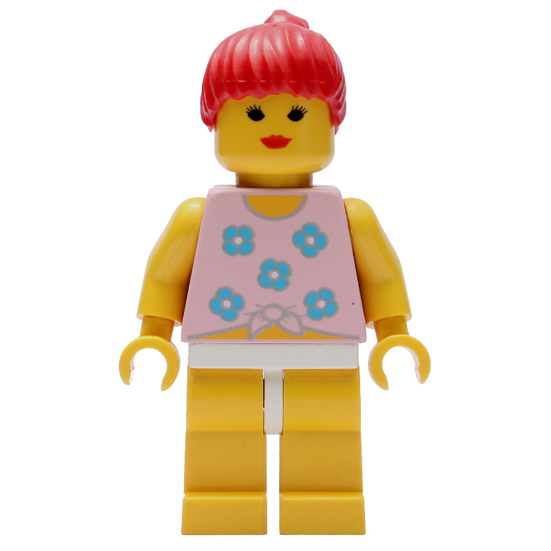 Femme, attaché débardeur rose avec des fleurs, jambes jaunes, cheveux rouges (Woman, Tied Pink Tank Top with Flowers, Yellow Legs, Red Hair)