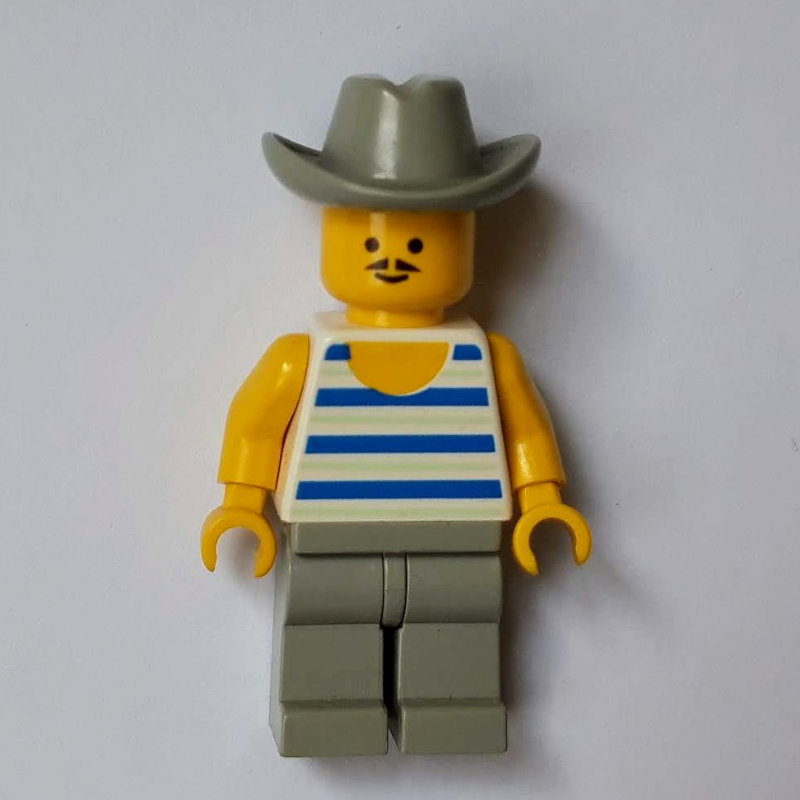 Homme, débardeur rayé bleu et blanc, chapeau de cowboy gris clair, moustache (Man, Blue and White Striped Tank Top, Light Gray Cowboy Hat, Moustache)