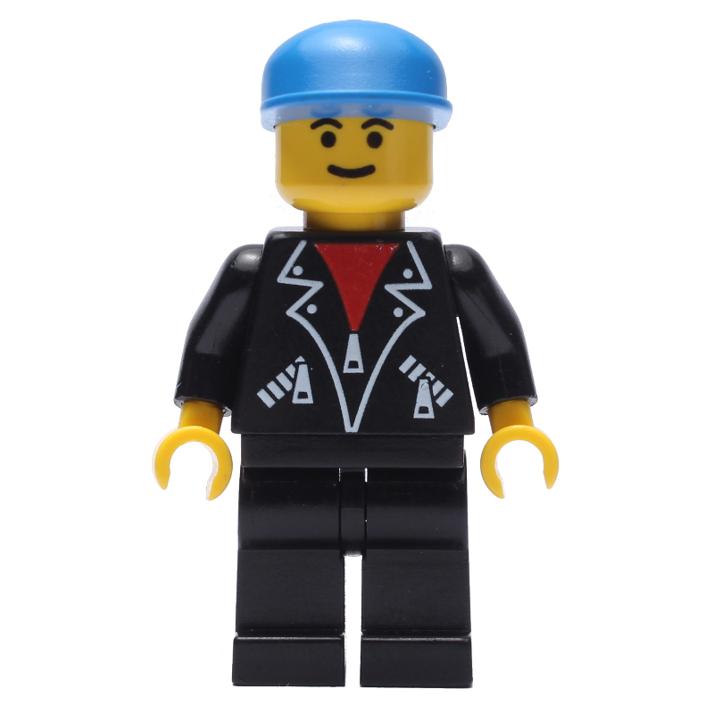 Homme, veste noire ouverte sur chemise rouge, jambes noires, casquette bleue (Man, Open Black Jacket over Red Shirt, Black Legs, Blue Cap)