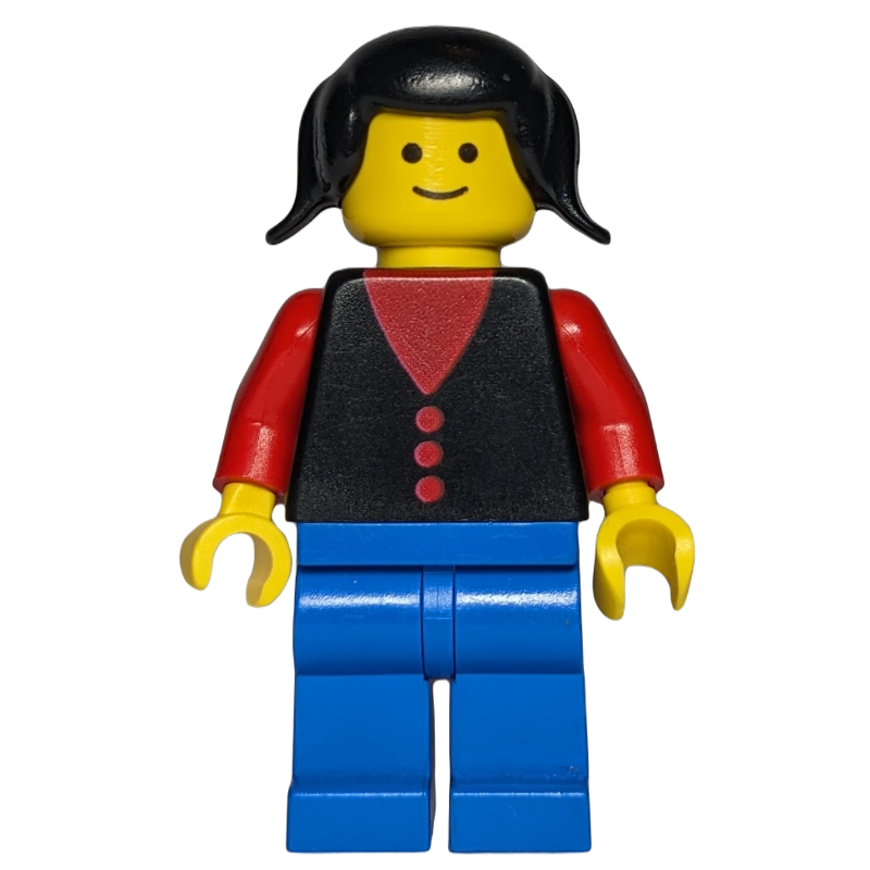 Femme, gilet noir sur haut rouge, jambes bleues, cheveux noirs (Woman, Black Vest over Red Top, Blue Legs, Black Hair)
