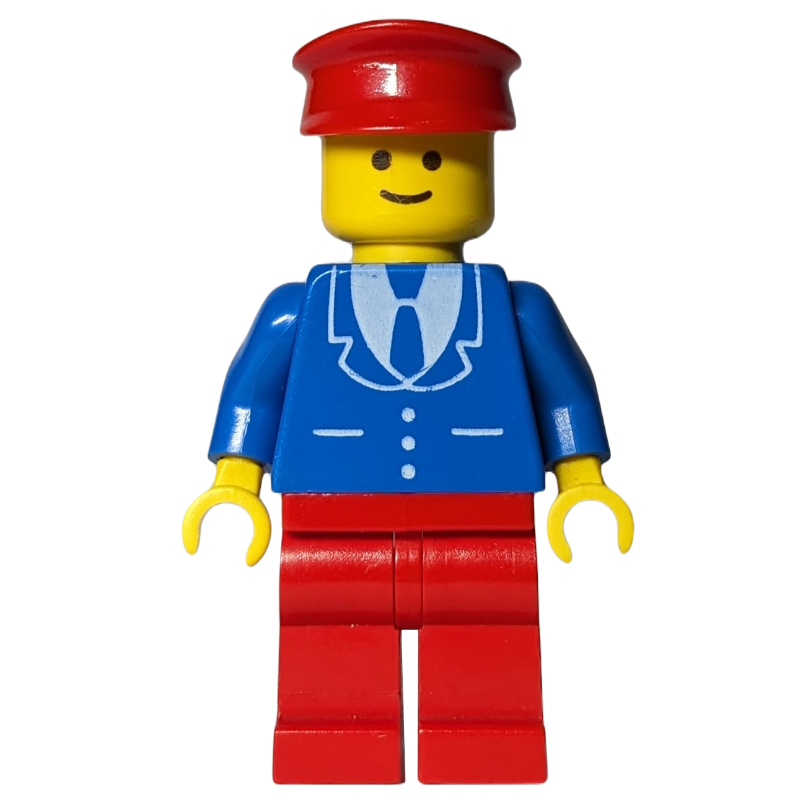 Homme, veste bleue avec cravate et trois boutons, jambes rouges, chapeau rouge (Man, Blue Jacket with Tie and Three Buttons, Red Legs, Red Hat)