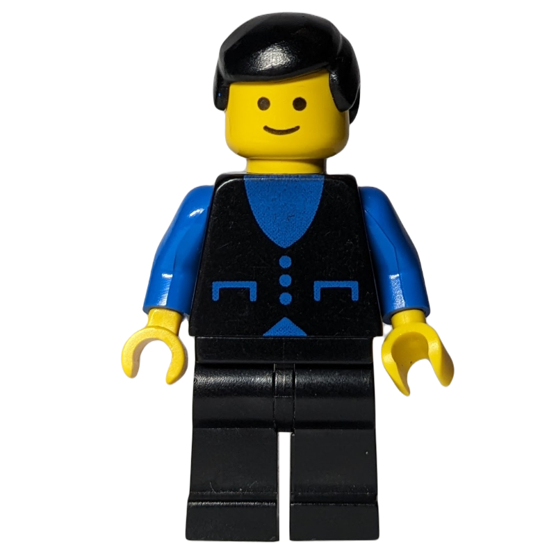 Homme, gilet noir sur chemise bleue, jambes noires, cheveux noirs (Man, Black Vest over Blue Shirt, Black Legs, Black Hair)