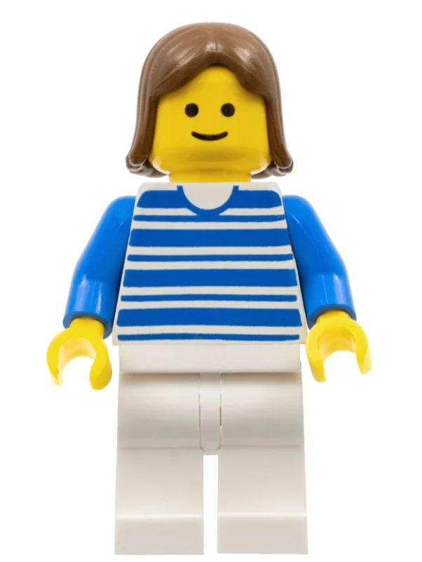 Femme, chemise à rayures bleues et blanches, jambes blanches, cheveux bruns (Woman, Blue and White Stripe Shirt, White Legs, Brown Hair)