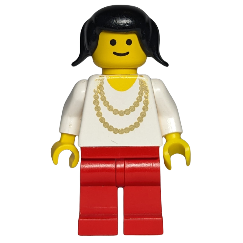 Femme, chemise blanche avec collier en or, jambes rouges, cheveux noirs (Woman, White Shirt with Gold Necklace, Red Legs, Black Hair)