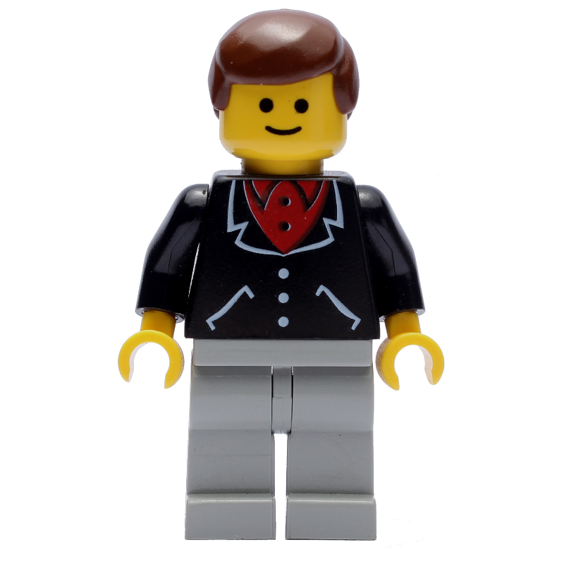 Homme, veste noire sur chemise rouge, jambes gris clair, cheveux bruns (3626a tête) (Man, Black Jacket over Red Shirt, Light Gray Legs, Brown Hair (3626a Head))