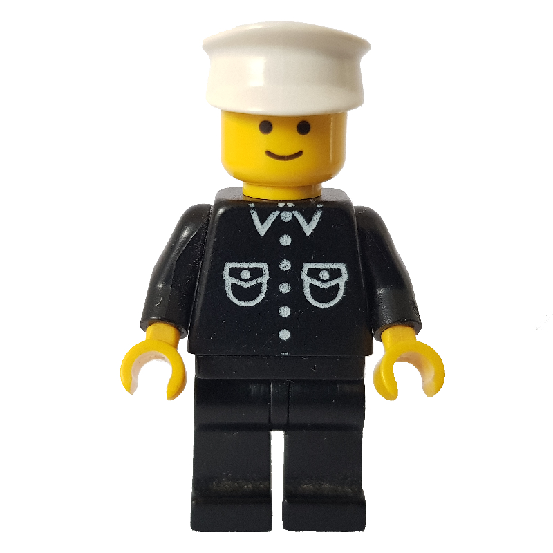 Homme, chemise noire avec boutons et poches, jambes noires, chapeau blanc (Man, Black Shirt with Buttons and Pockets, Black Legs, White Hat)
