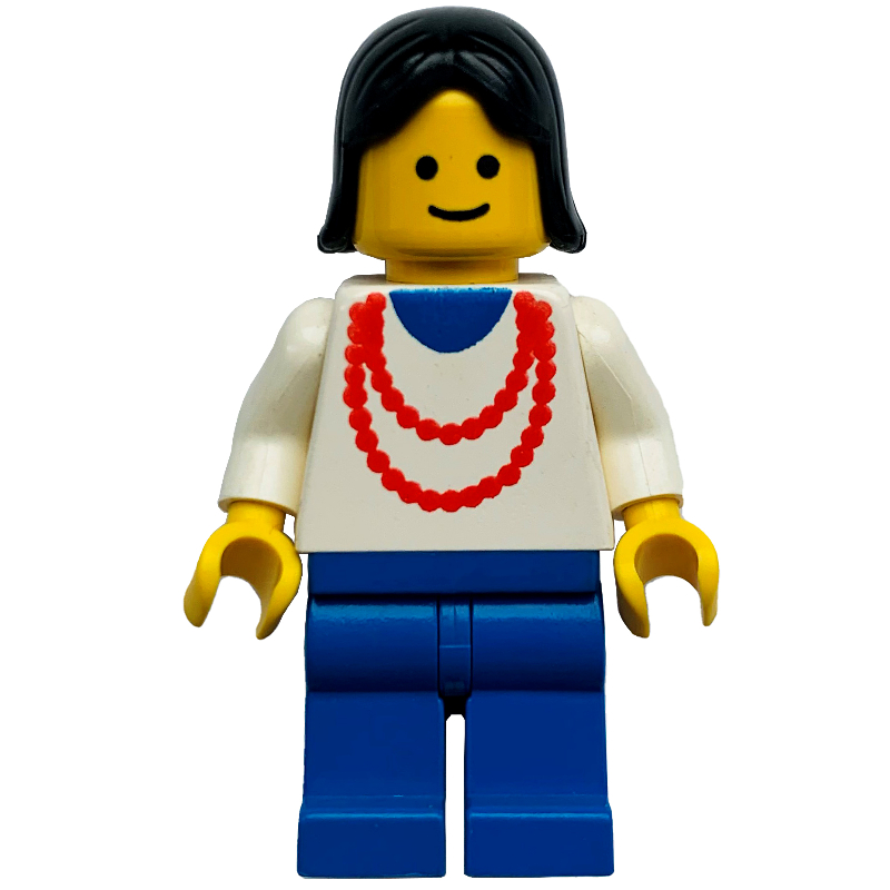 Femme, haut blanc avec collier rouge, jambes bleues, cheveux noirs (3626a tête) (Woman, White Top with Red Necklace, Blue Legs, Black Hair (3626a Head))