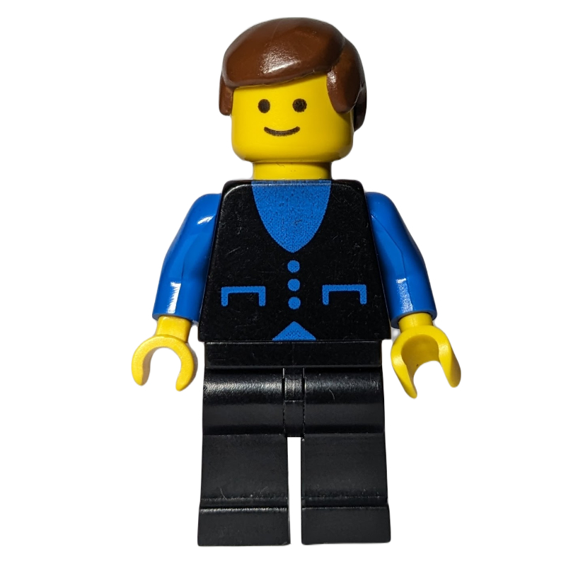 Homme, gilet noir sur chemise bleue, jambes noires, cheveux bruns (Man, Black Vest over Blue Shirt, Black Legs, Brown Hair)