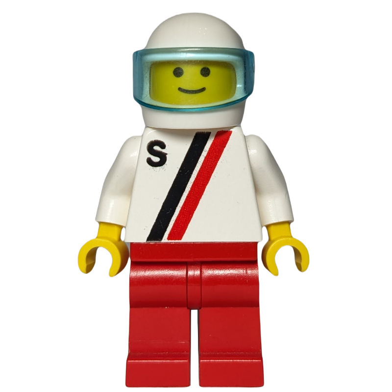Homme, chemise blanche à deux rayures et 'S', jambes rouges, casque blanc avec visière (Man, White Shirt with Two Stripes and 'S', Red Legs, White Helmet with Visor)