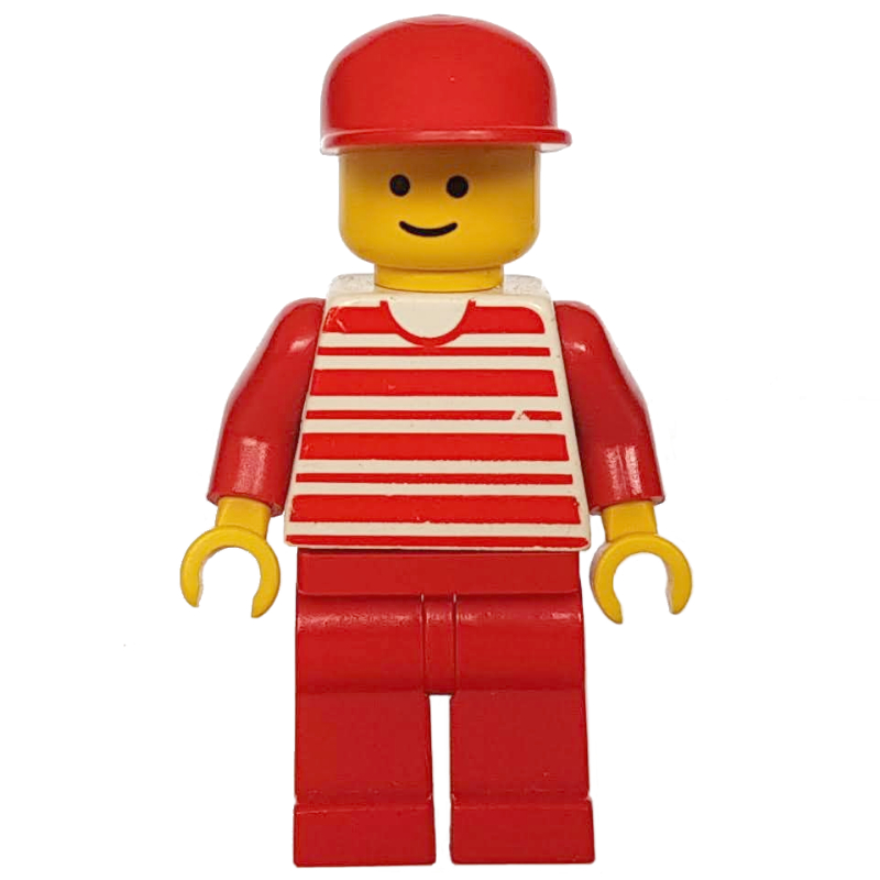 Homme, chemise rayée blanche et rouge, jambes rouges, casquette rouge (Man, White and Red Striped Shirt, Red Legs, Red Cap)