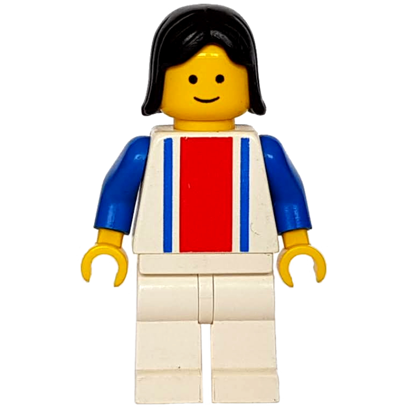 Femme, haut blanc avec grande bande rouge et 2 rayures bleues, jambes blanches, cheveux noirs (Woman, White Top with Large Red Stripe and 2 Blue Stripes, White Legs, Black Hair)