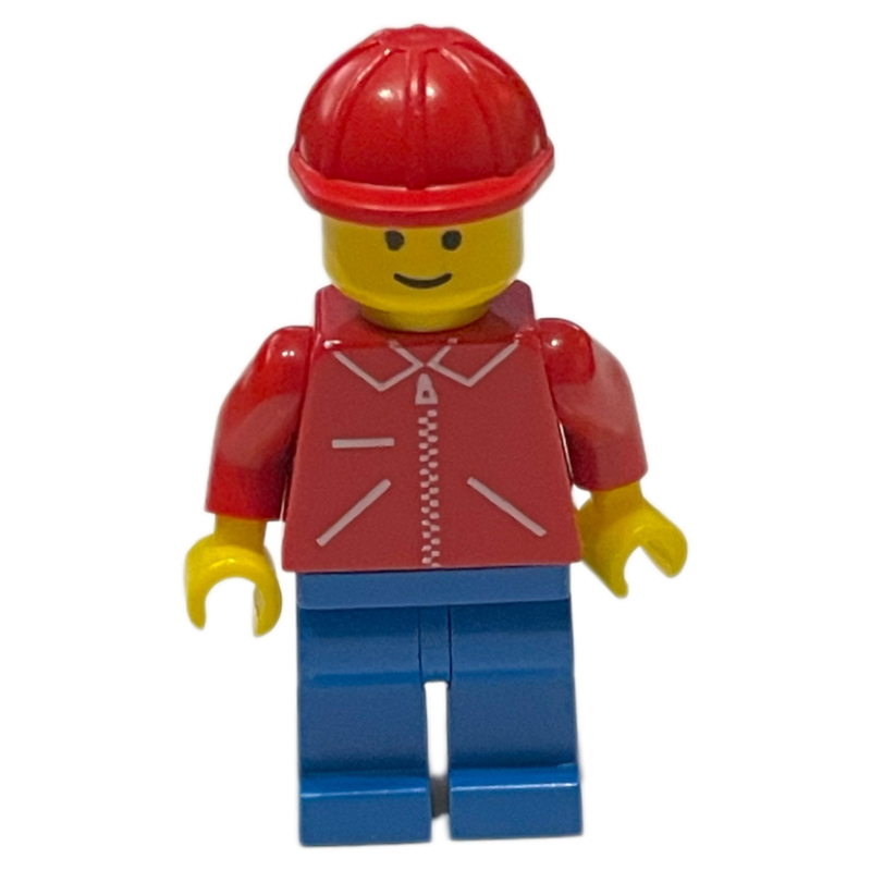 Homme, veste rouge avec fermeture à glissière, jambes bleues, casque de chantier rouge (Man, Red Jacket with Zipper, Blue Legs, Red Hard Hat)