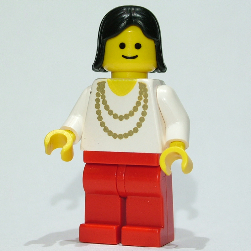 Femme, chemise blanche avec collier en or, jambes rouges, cheveux noirs (3626b tête) (Woman, White Shirt with Gold Necklace, Red Legs, Black Hair (3626b Head))