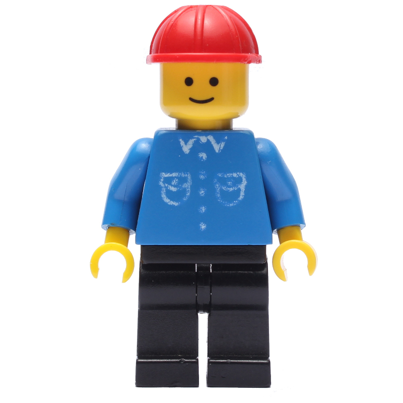 Homme, chemise bleue avec boutons et poches, jambes noires, casque de chantier rouge (3626b tête) (Man, Blue Shirt with Buttons and Pockets, Black Legs, Red Hard Hat (3626b Head))