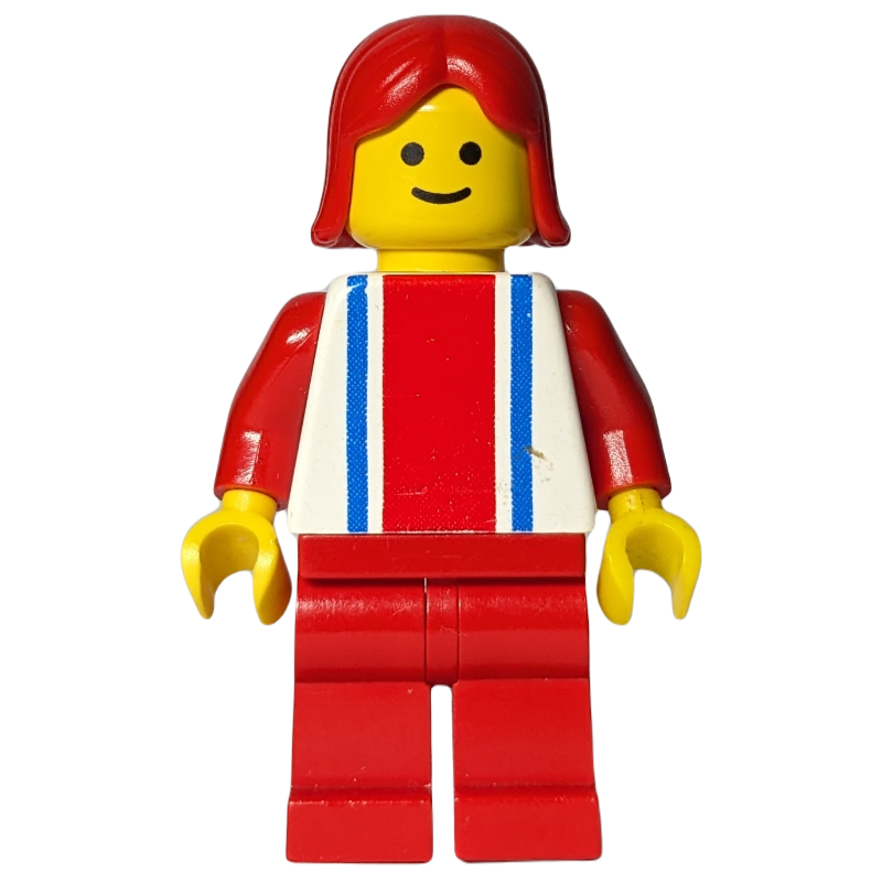 Femme, haut blanc avec grande bande rouge et 2 rayures bleues, jambes rouges, cheveux rouges (Woman, White Top with Large Red Stripe and 2 Blue Stripes, Red Legs, Red Hair)