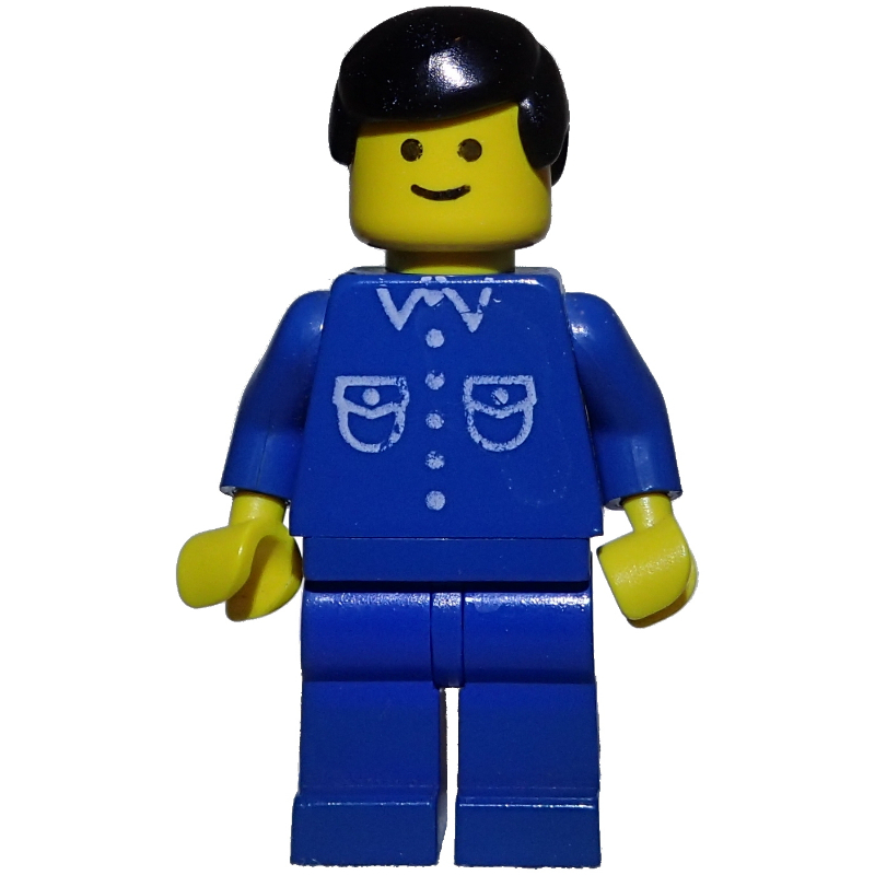 Homme, chemise bleue avec boutons et poches, jambes bleues, cheveux noirs (Man, Blue Shirt with Buttons and Pockets, Blue Legs, Black Hair)