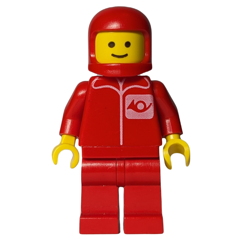 Postier, chemise rouge avec logo en corne, jambes rouges, casque rouge (Postal Worker, Red Shirt with Horn Logo, Red Legs, Red Helmet)