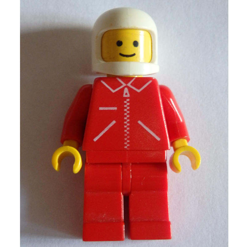 Homme, veste rouge avec fermeture éclair et poches, jambes rouges, casque blanc (Man, Red Jacket with Zipper and Pockets, Red Legs, White Helmet)
