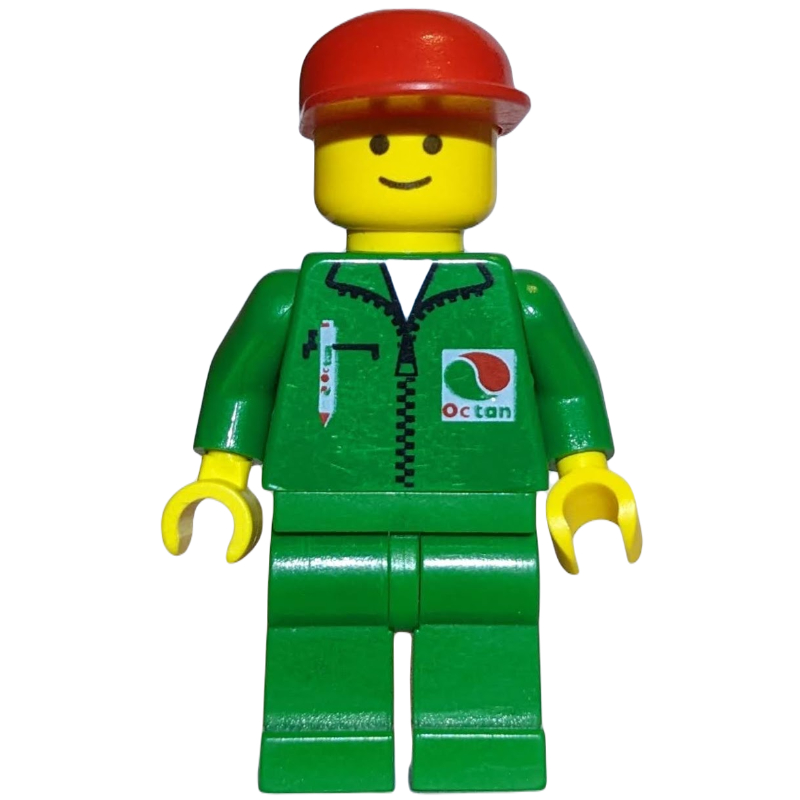Homme, combinaison verte avec logo Octan, casquette rouge (Man, Green Jumpsuit with Octan Logo, Red Cap)