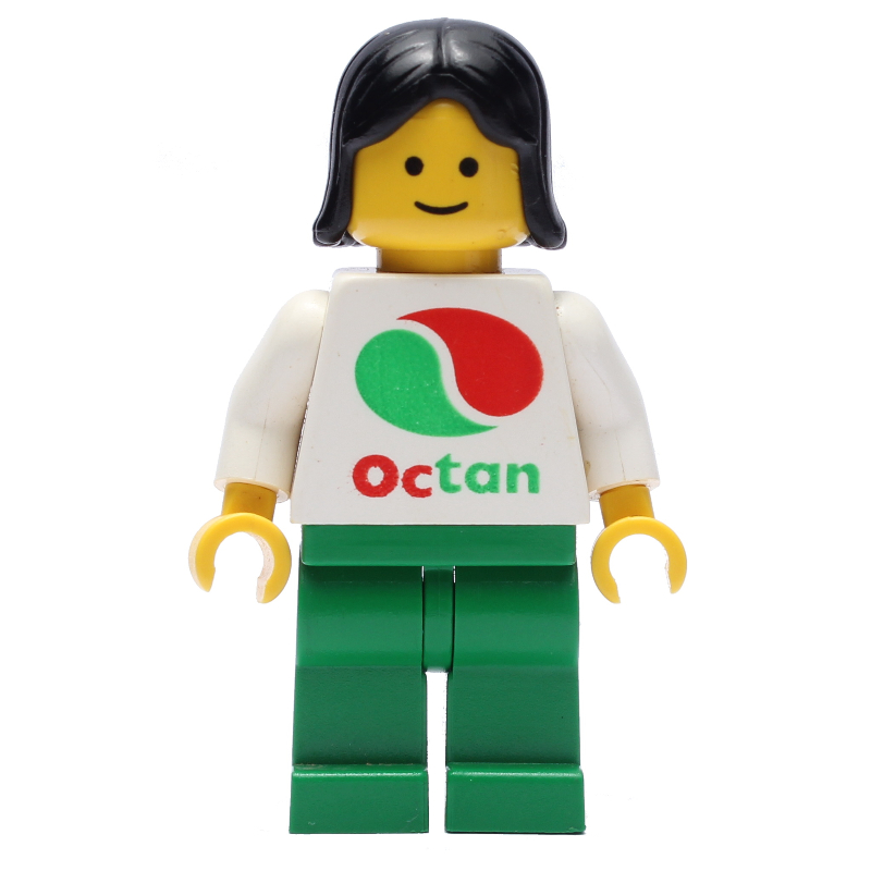 Femme, haut blanc avec grand logo Octan, jambes vertes, cheveux noirs (Woman, White Top with Large Octan Logo, Green Legs, Black Hair)