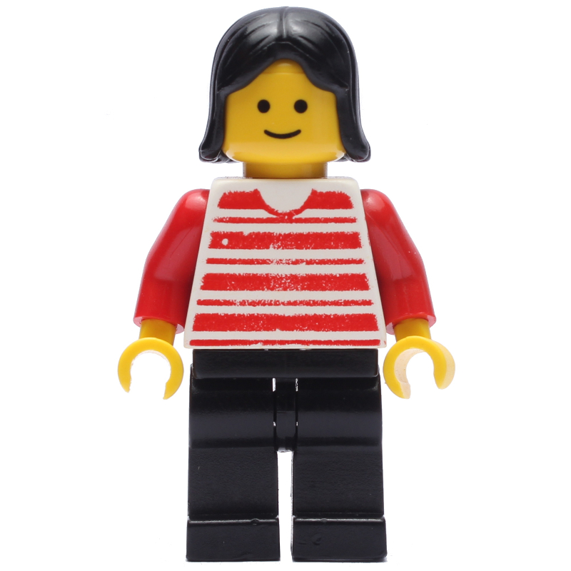 Femme, chemise rayée rouge et blanche, jambes noires, cheveux noirs (Woman, Red and White Striped Shirt, Black Legs, Black Hair)