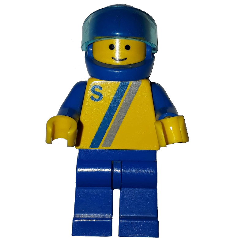 Pilote de course, chemise jaune à deux rayures et 'S', jambes bleues, casque bleu avec visière (Racer, Yellow Shirt with Two Stripes and 'S', Blue Legs, Blue Helmet with Visor)