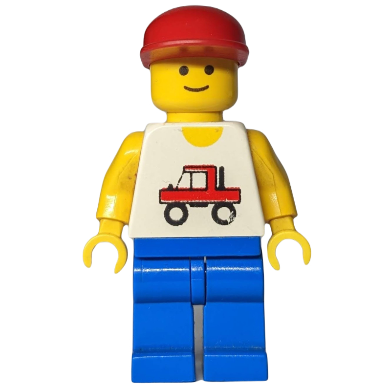 Homme, gilet blanc avec camion, jambes bleues, casquette rouge (3626b tête) (Man, White Vest with Truck, Blue Legs, Red Cap (3626b Head))