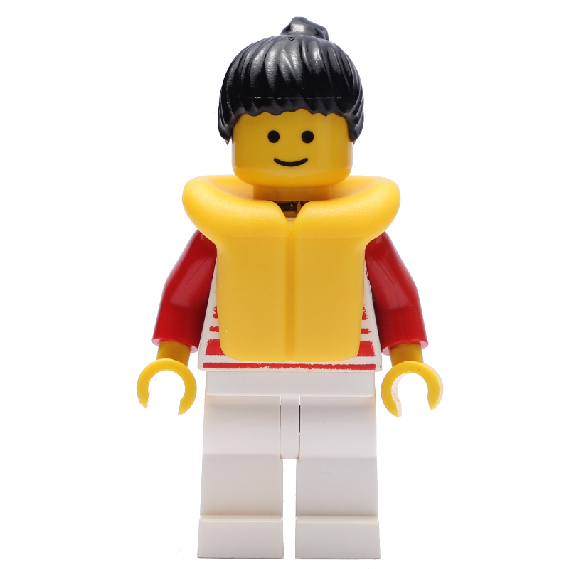 Femme, chemise rayée rouge et blanche, jambes blanches, cheveux noirs, gilet de sauvetage jaune (Woman, Red and White Striped Shirt, White Legs, Black Hair, Yellow Life Vest)