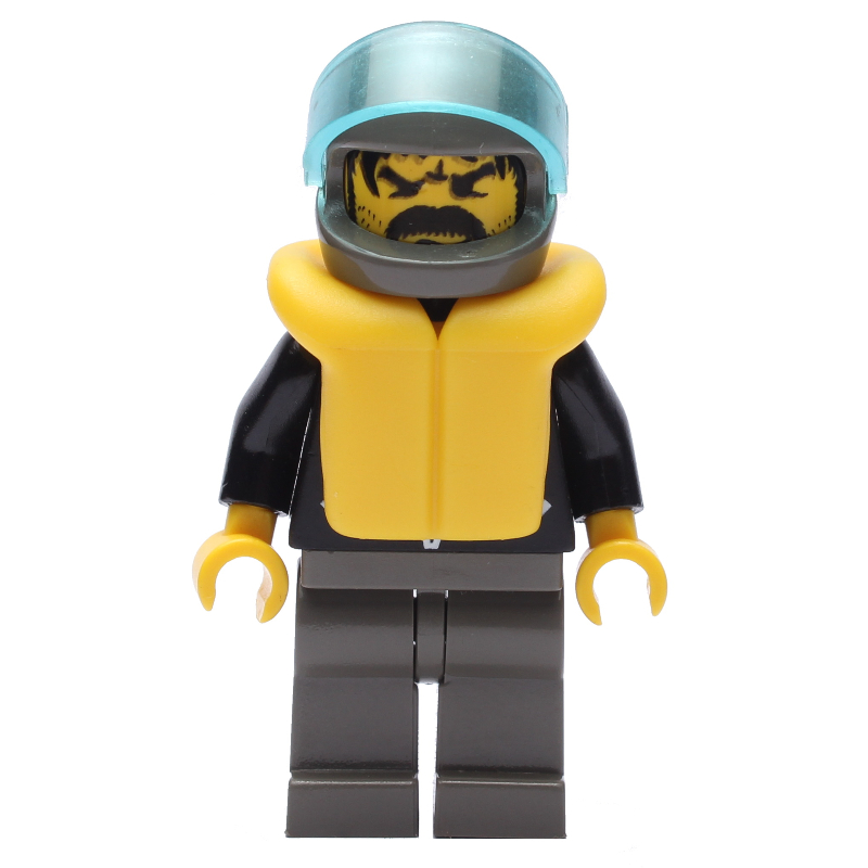 Homme, veste noire ouverte sur chemise rouge, jambes gris clair, casque et visière, gilet de sauvetage jaune (Man, Open Black Jacket over Red Shirt, Light Gray Legs, Helmet and Visor, Yellow Life Vest)