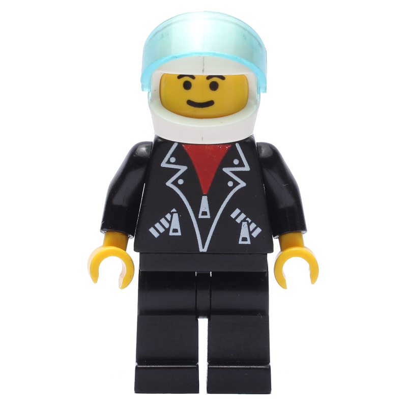 Homme, veste noire ouverte sur chemise rouge, jambes noires, casque et visière (Man, Open Black Jacket over Red Shirt, Black Legs, Helmet and Visor)