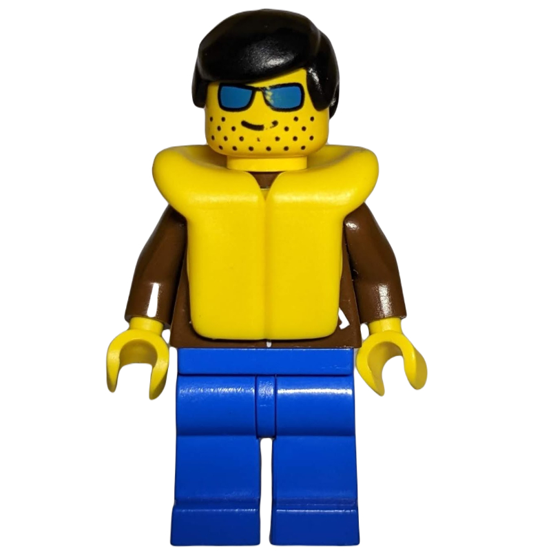 Homme, veste brune, jambes bleues, cheveux noirs, gilet de sauvetage jaune, lunettes de soleil bleues (Man, Brown Jacket, Blue Legs, Black Hair, Yellow Life Vest, Blue Sunglasses)