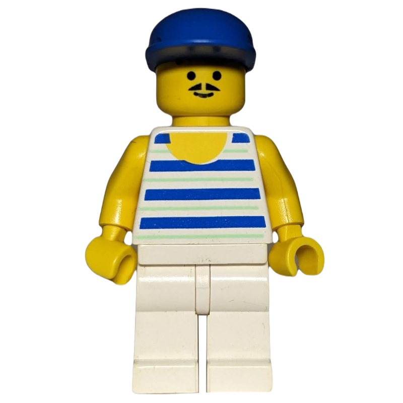 Homme, débardeur rayé bleu et blanc, casquette bleue, moustache (Man, Blue and White Striped Tank Top, Blue Cap, Moustache)